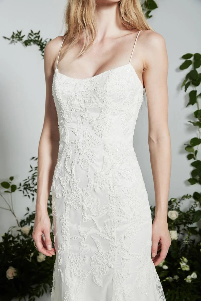 Close up front view of Cayenne by Theia Bridal