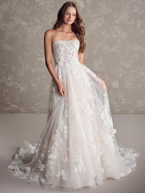A-Line Strapless 3D Floral Organza Wedding Gown With Detachable Shoulder Wrap (sold separately).

