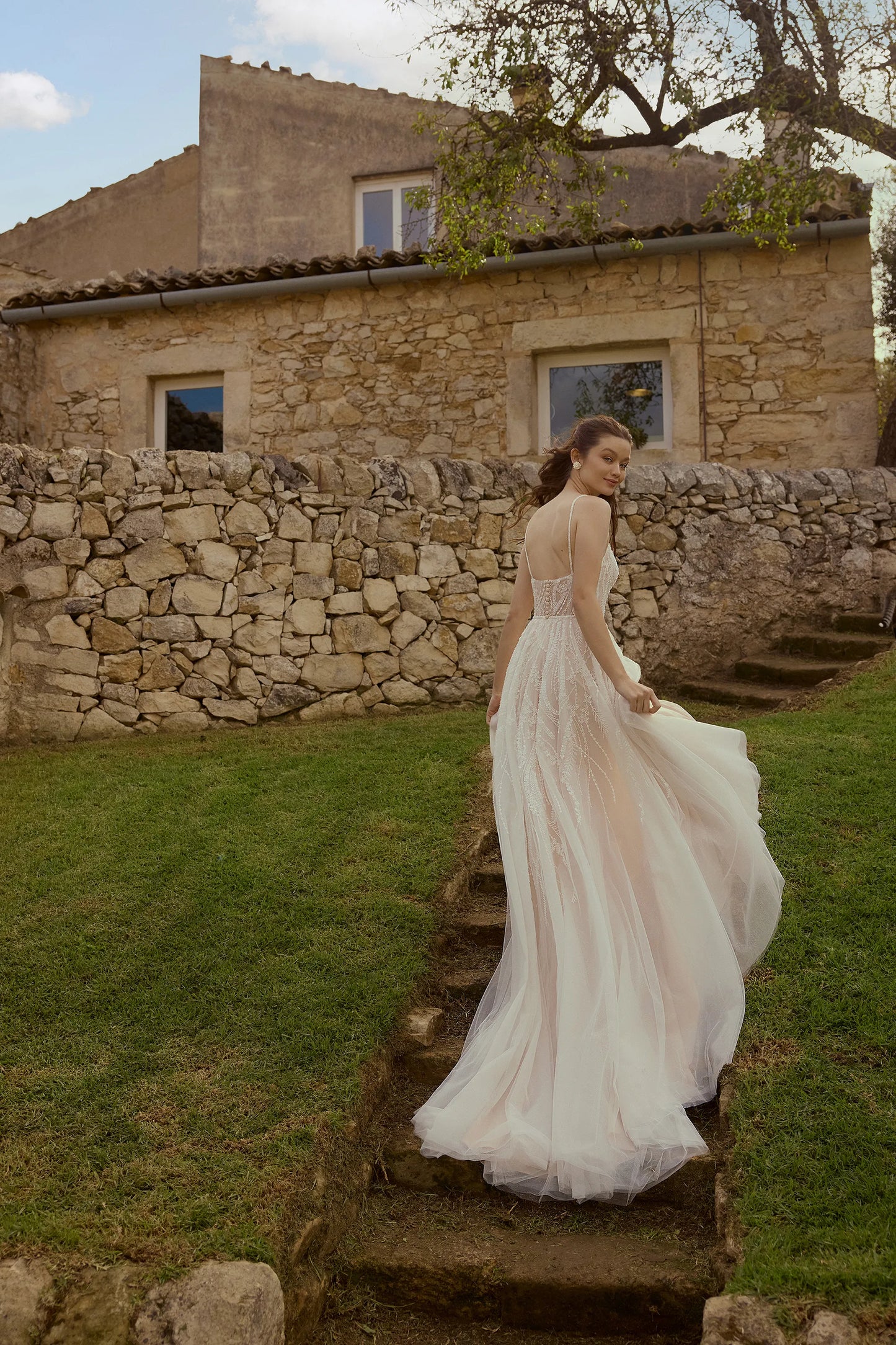 Low back of Sparkle Tulle A-Line Wedding Dress with Sheer Bodice