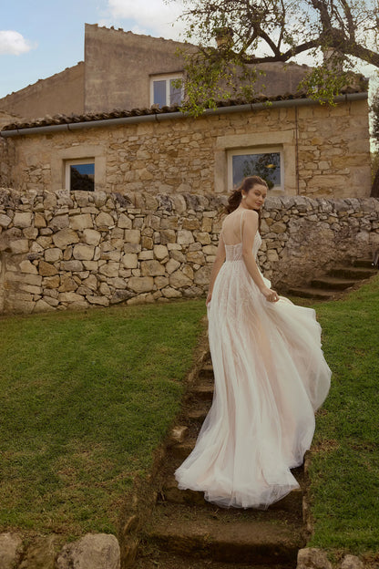 Low back of Sparkle Tulle A-Line Wedding Dress with Sheer Bodice