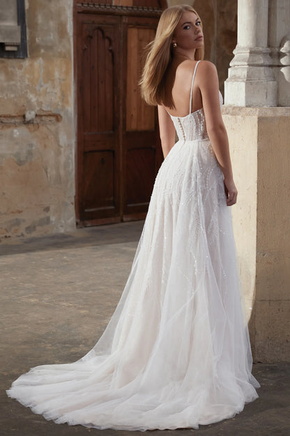 Sparkle Tulle A-Line Wedding Dress with Sheer Bodice back of dress with chapel length train