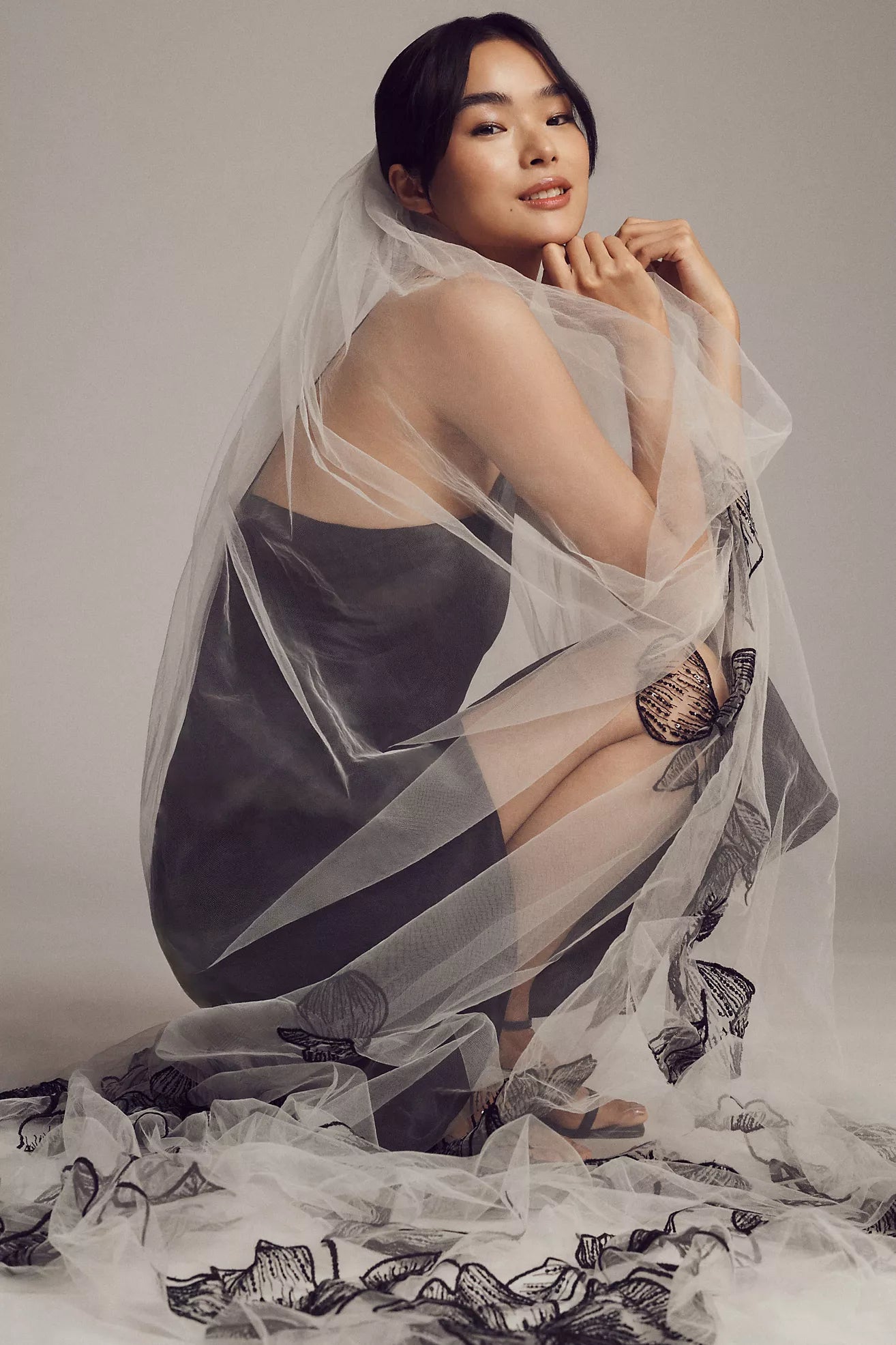 Black Embroidery Shadow Halo Veil by Theia