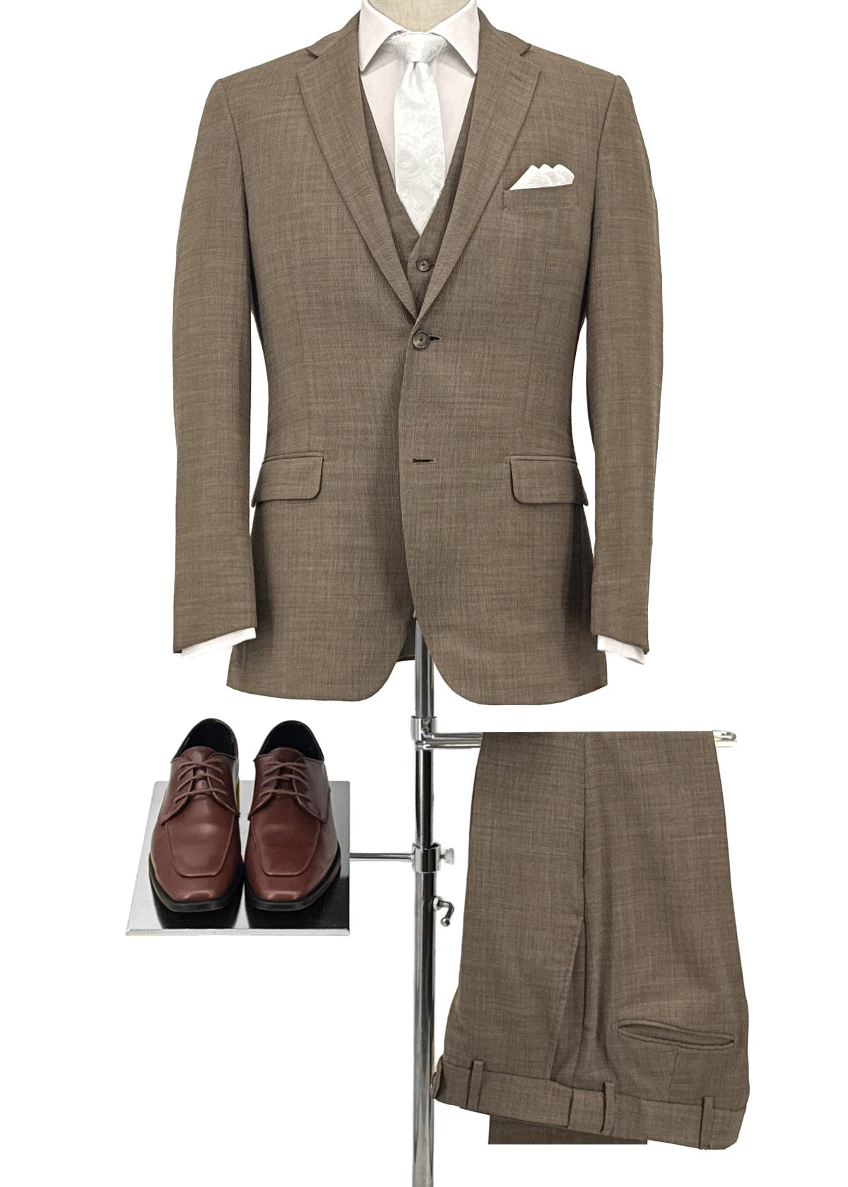 Brown suit on a mannequin with matching pants and shoes displayed below on a white background
