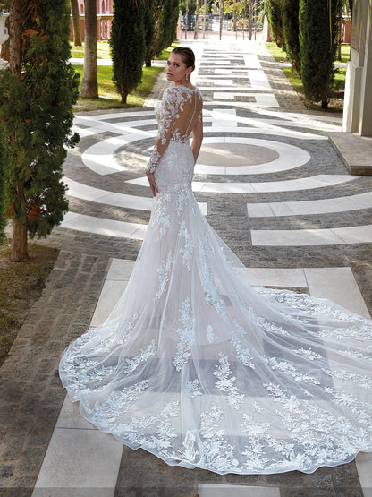 Back of Long Sleeve wedding dress, modest mesh from Demetrios bridal. Available at NKIN