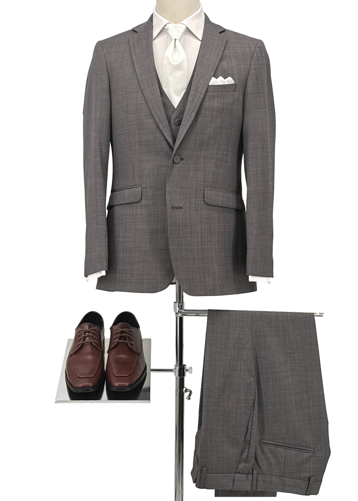 Gray suit with white shirt, tie, and brown shoes on a white background