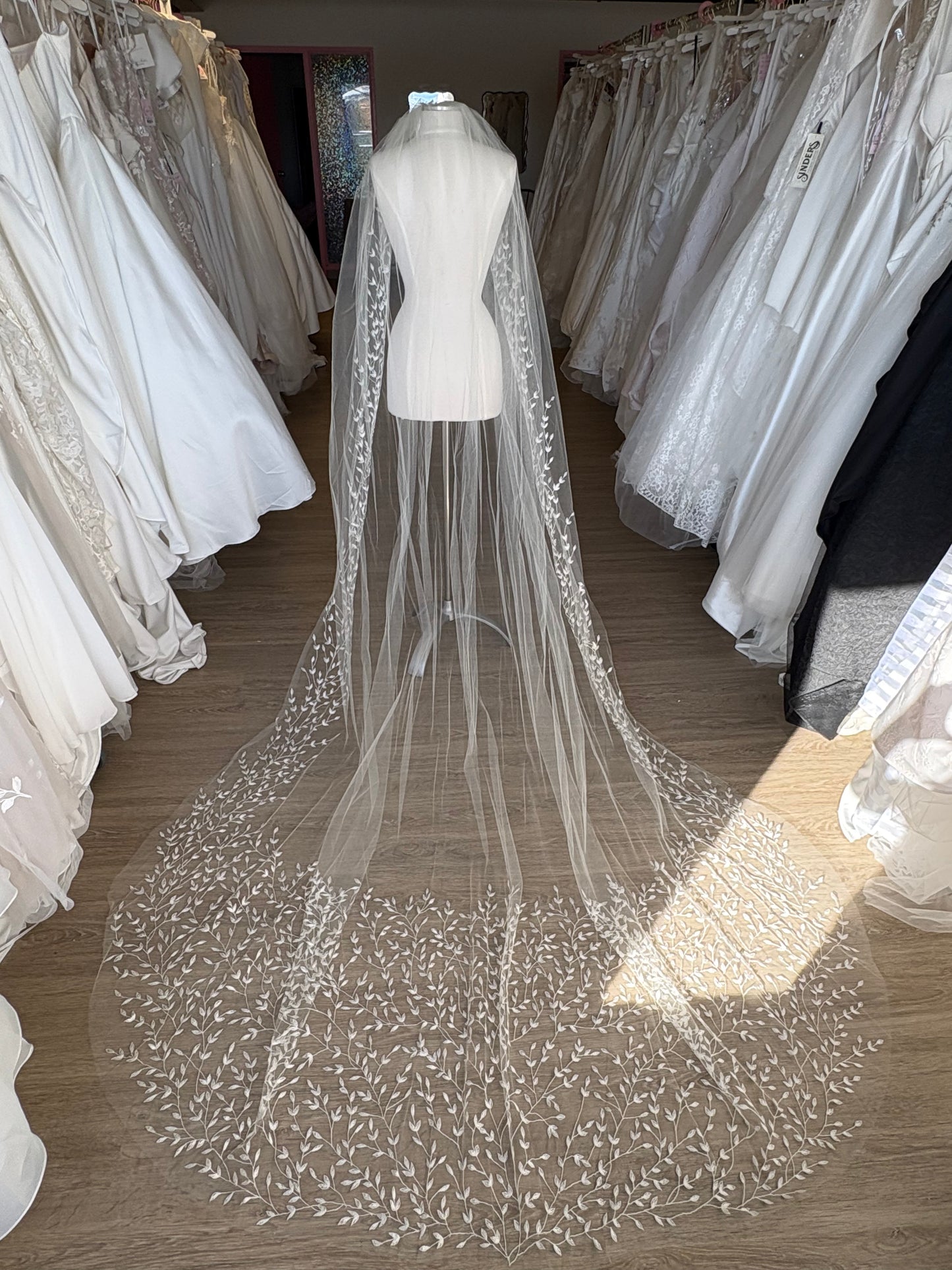 Dramatic long cathedral vined embroidered wedding veil available in ivory and light ivory