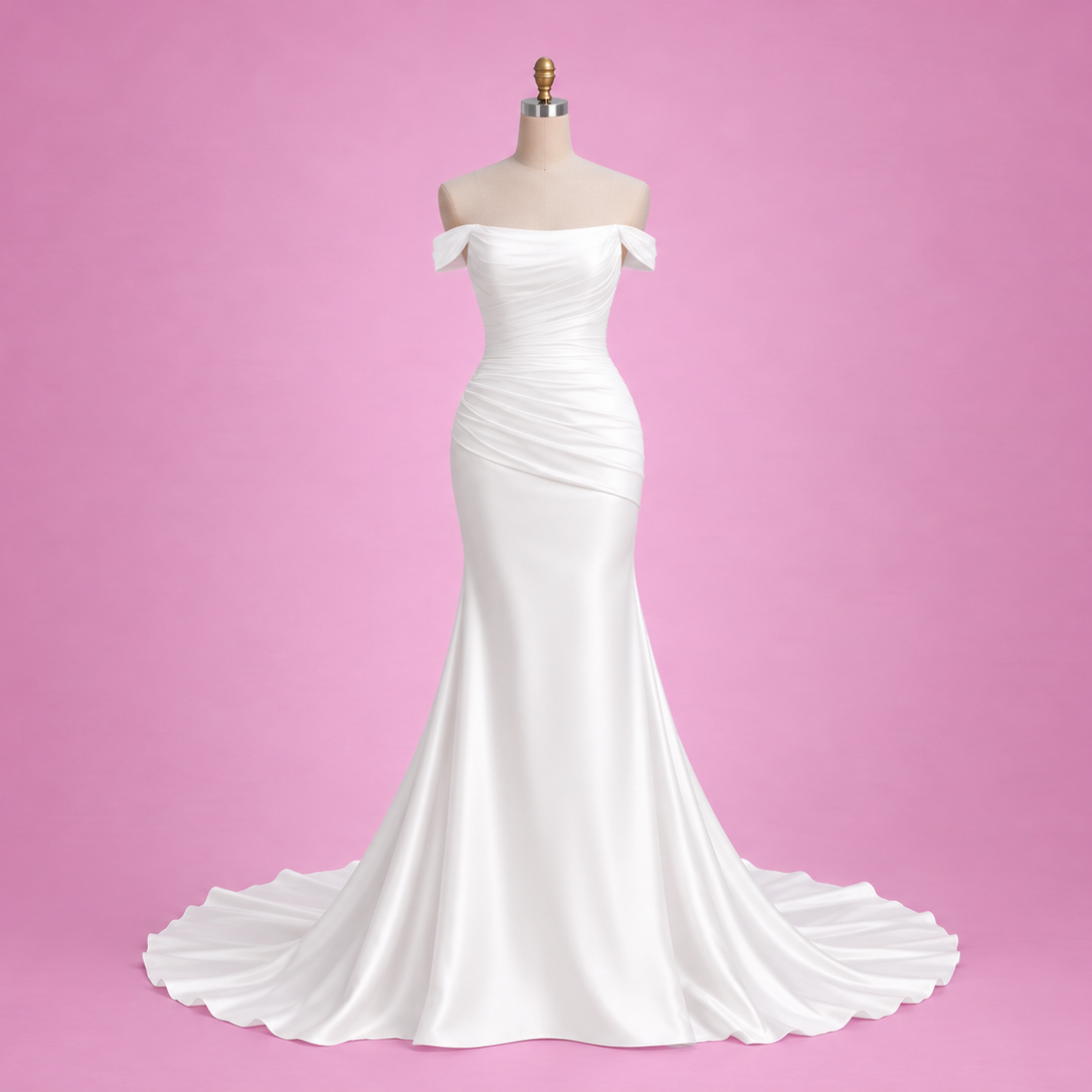 An off-the-shoulder white satin mermaid-style wedding gown displayed on a mannequin against a solid pink studio background.
