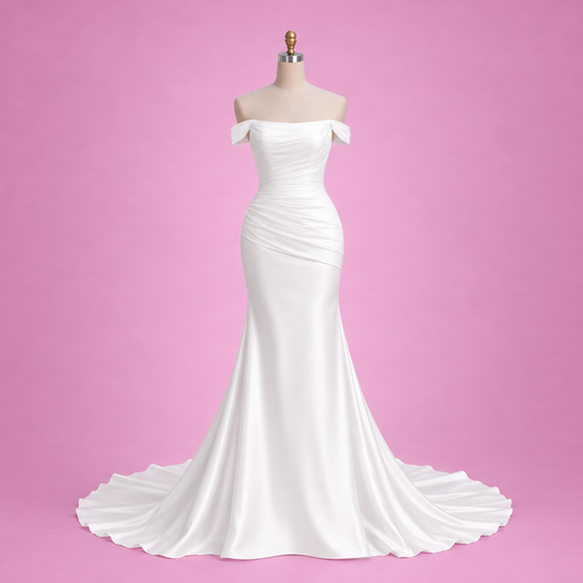 An off-the-shoulder white satin mermaid-style wedding gown displayed on a mannequin against a solid pink studio background.