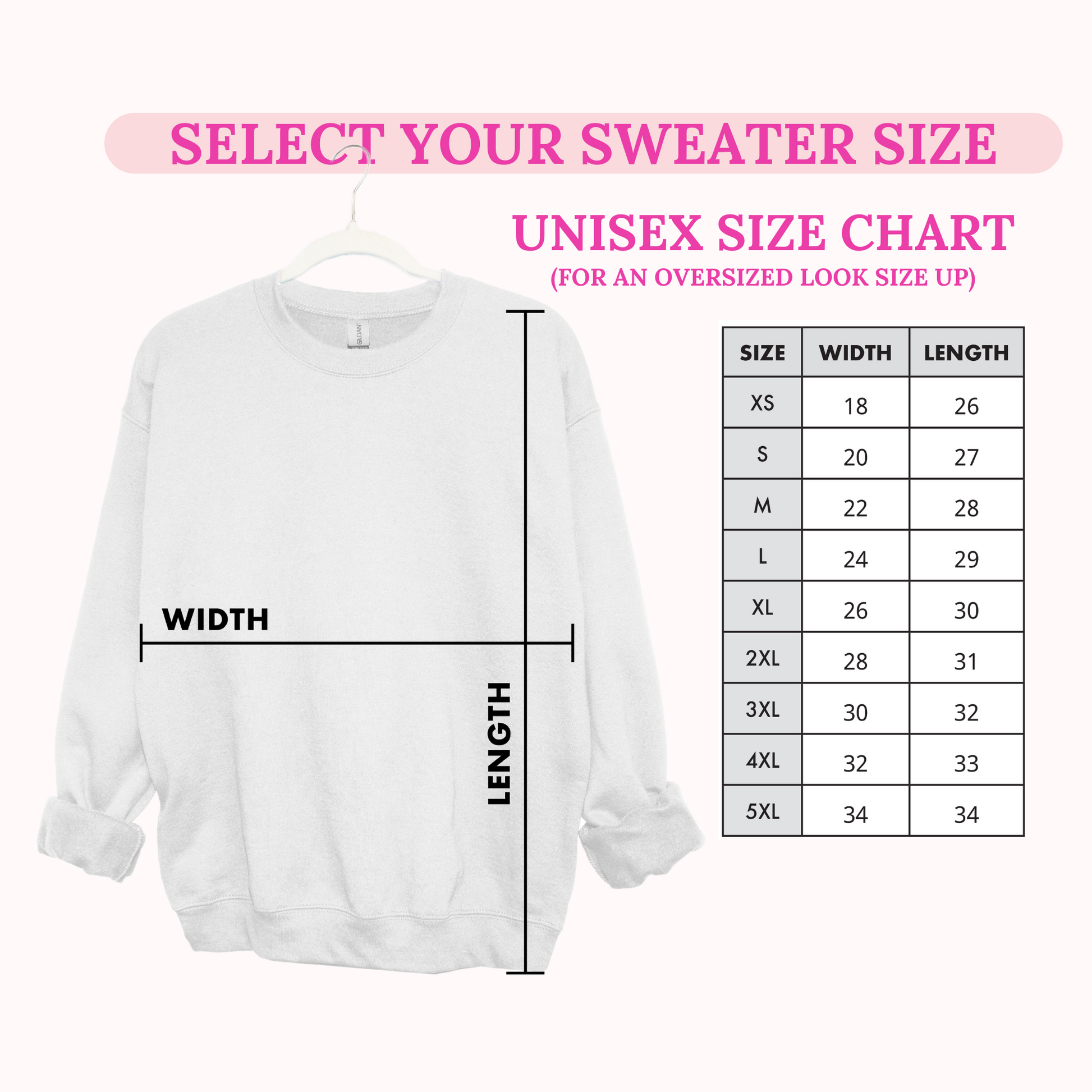Unisex sizing chart for crewneck sweaters