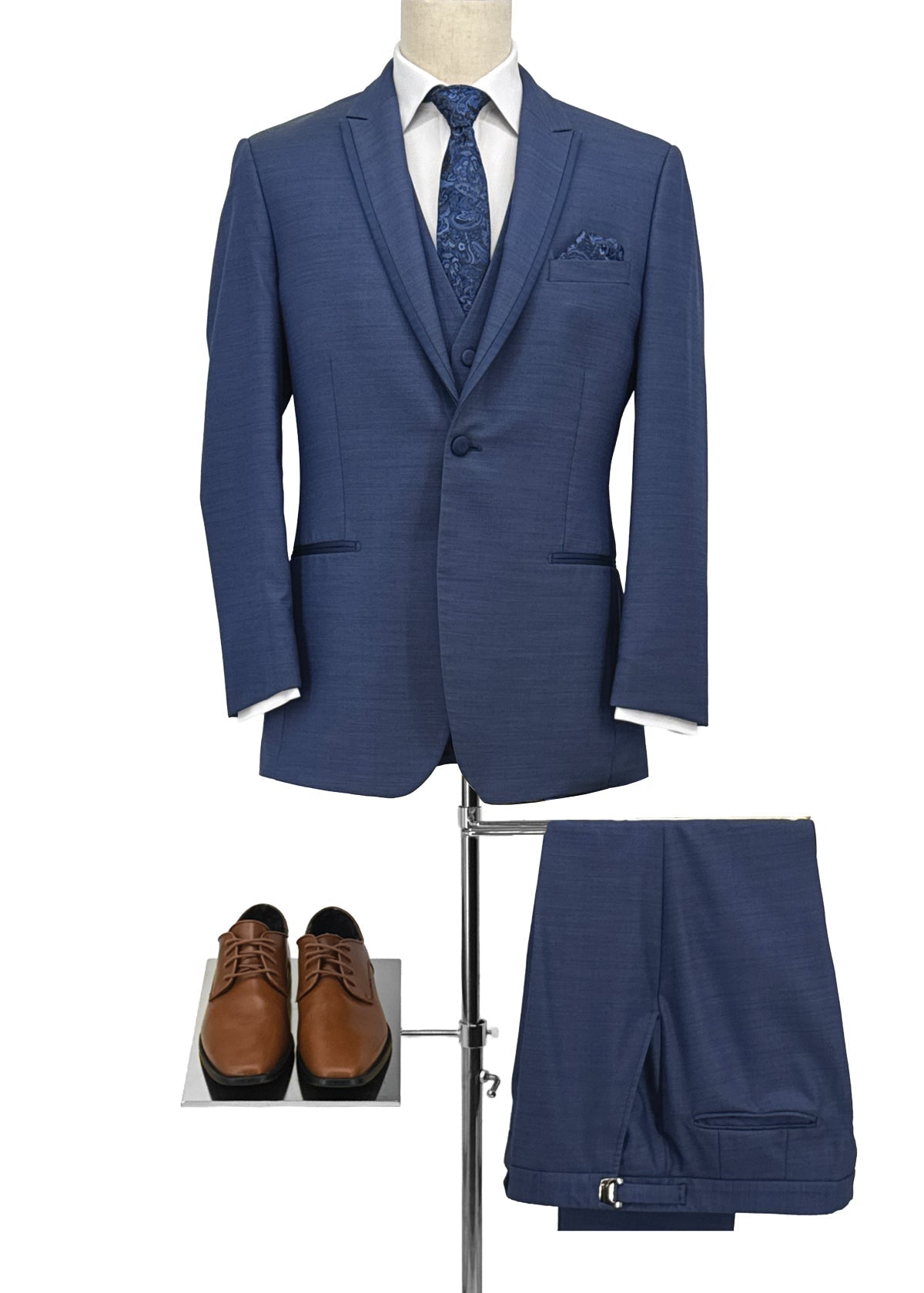Blue suit with brown shoes on a white background