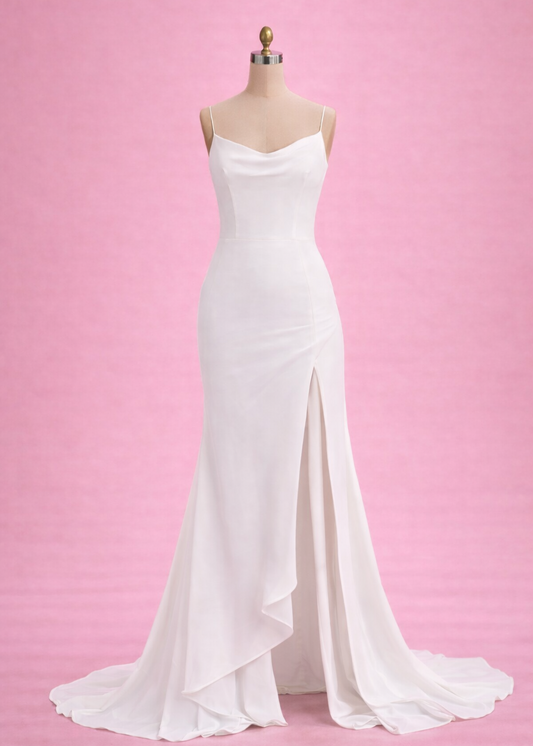 Fit and flare weddin dress with asymmetric skirt