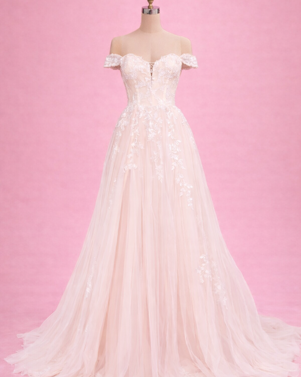 Off the shoulder lace a-line gown