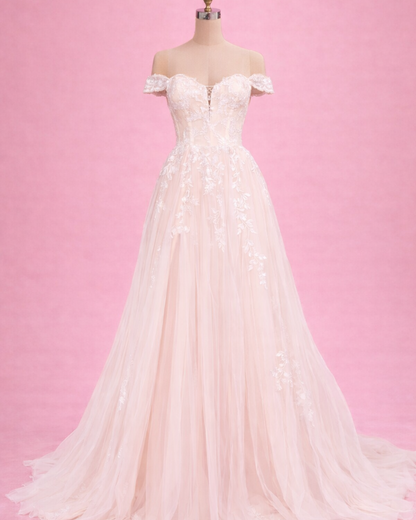 Off the shoulder lace a-line gown