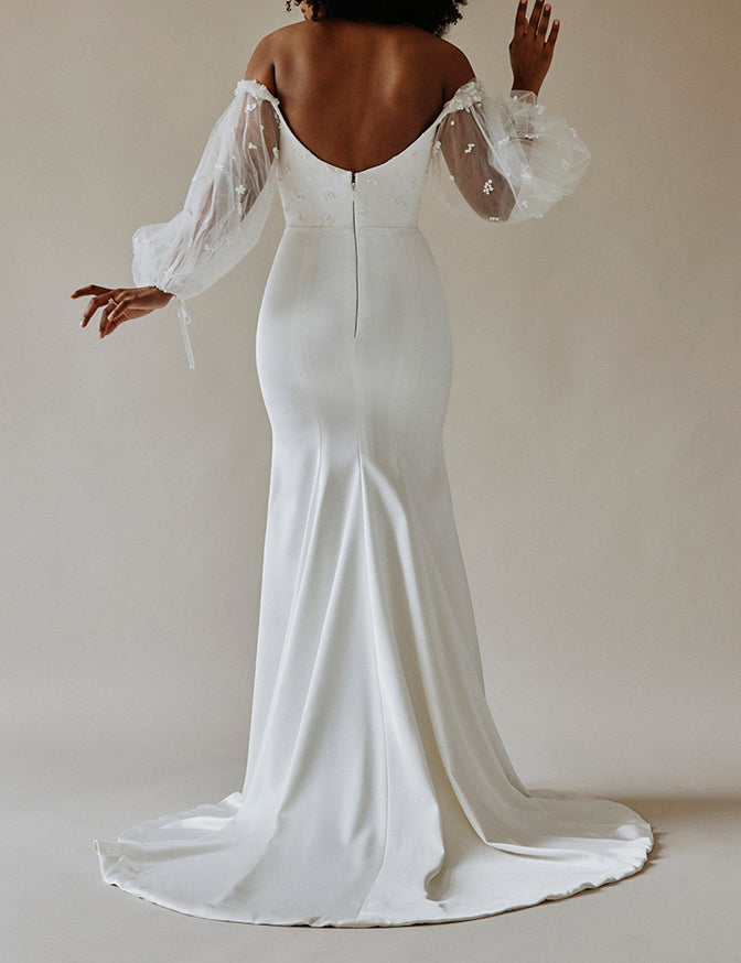 Satin gown with sweetheart neck and pearl cluster lace bodice overlay with bishop sleeves - full body back view