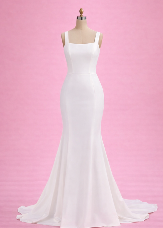 Fit and flare wedding dress on a mannequin with a pink background