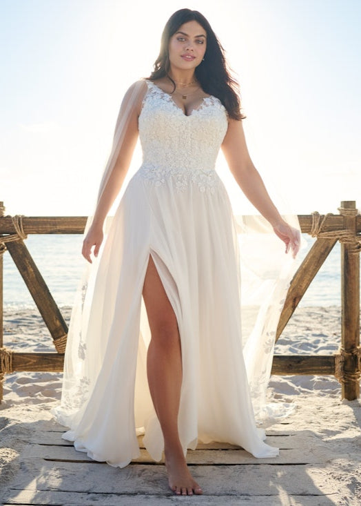 Floral v-neckline chiffon bridal gown with a sexy side slit and illusion v-back.
