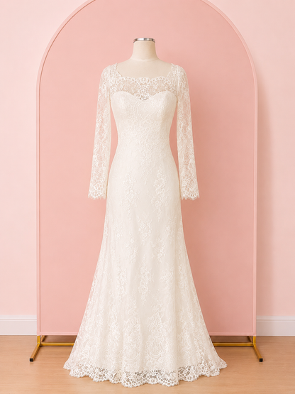 Long sleeve chantilly lace wedding dresss in Ottawa, modest covered lace sweetheart neckline