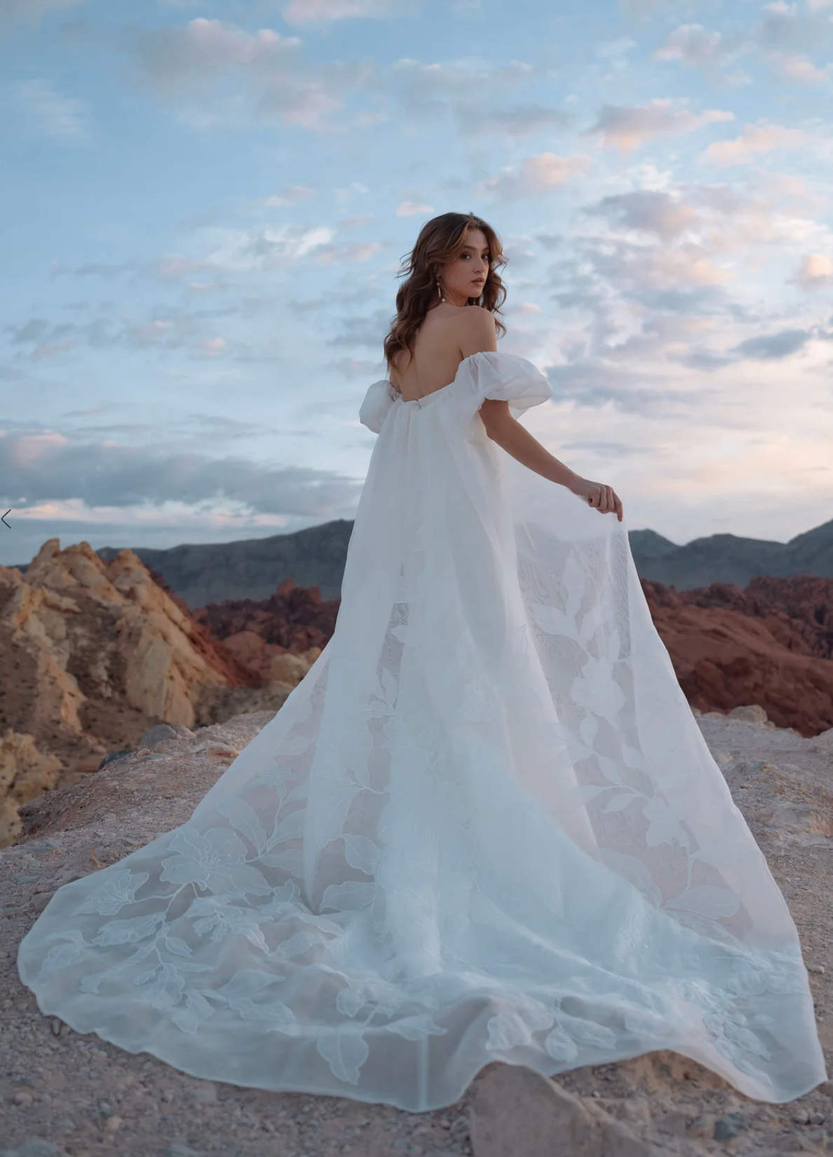 A woman stands outdoors in a desert landscape wearing a flowing white off-the-shoulder dress with floral lace applique and a long train, holding out one side of the skirt to show its drape.