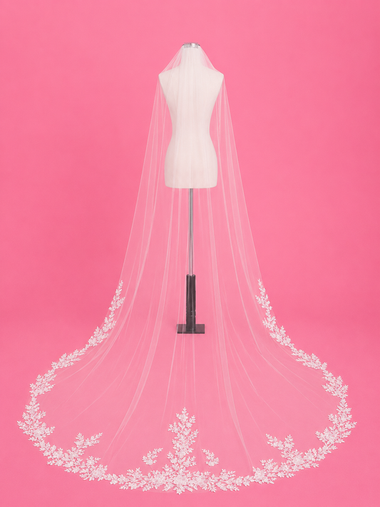 Ivory Soft Veil with Edge Applique - Cathedral