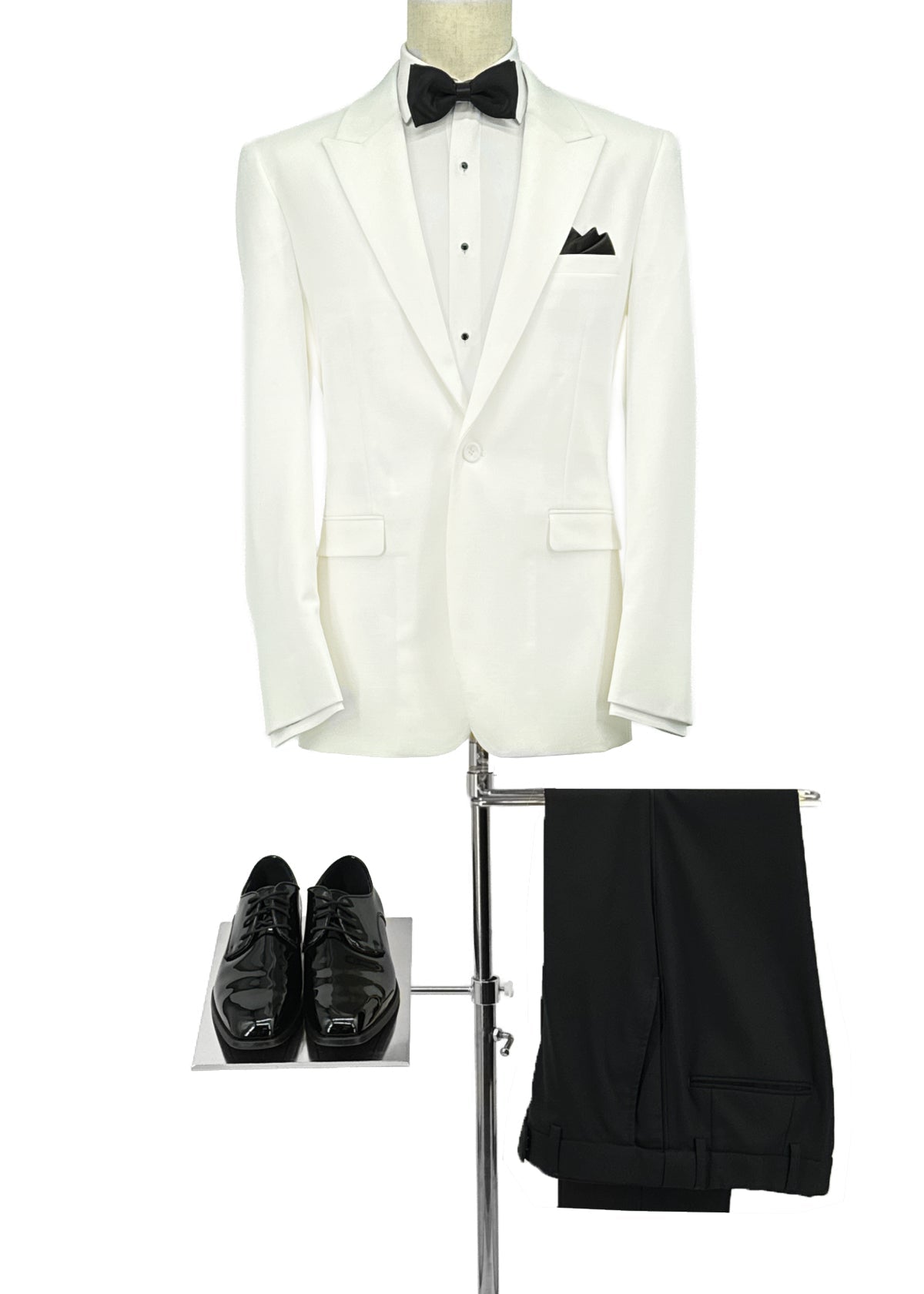 Ivory Suit Jacket with black bowtie, black patent shoes & black pants