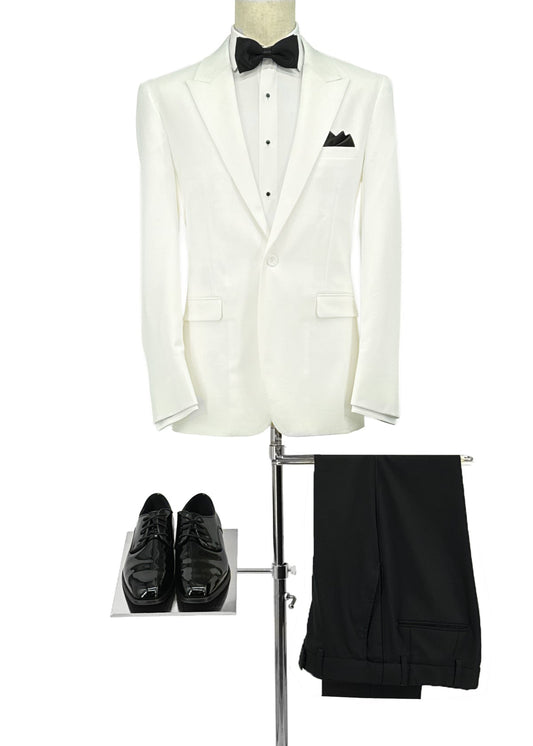 Ivory Suit Jacket with black bowtie, black patent shoes & black pants