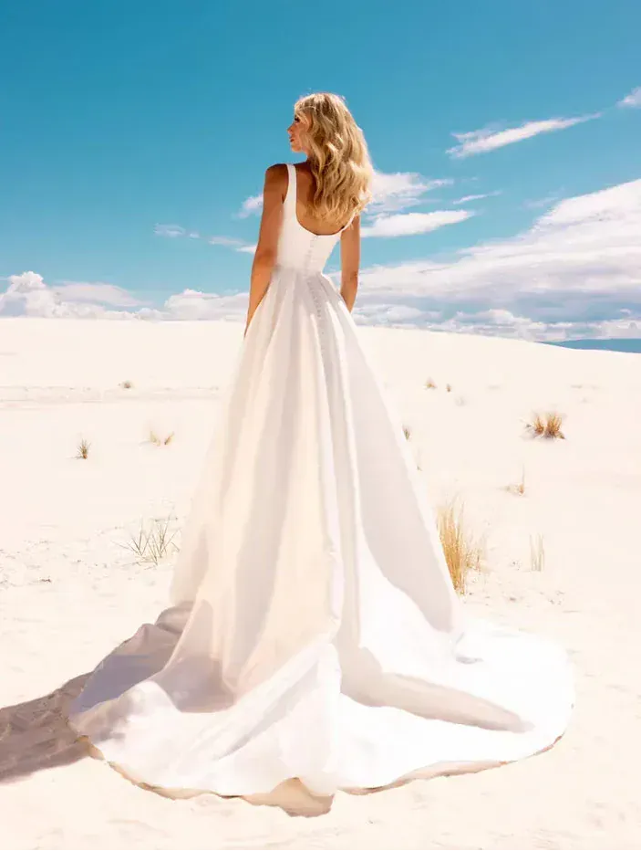 Woman in a white dress standing in a desert landscape with a clear blue sky.