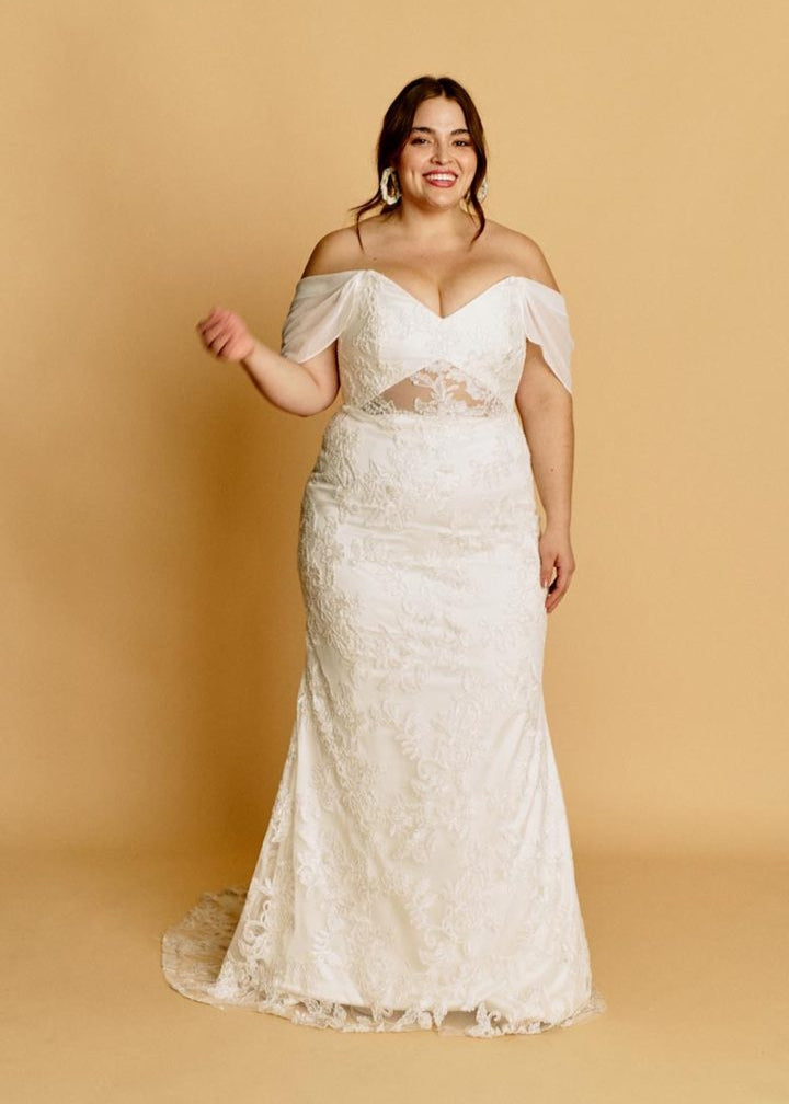 Off the Shoulder lace wedding dress, fit and falre with a peek a boo cut out