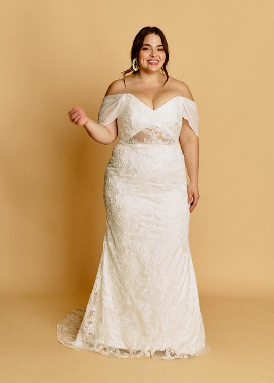 Off the Shoulder lace wedding dress, fit and falre with a peek a boo cut out