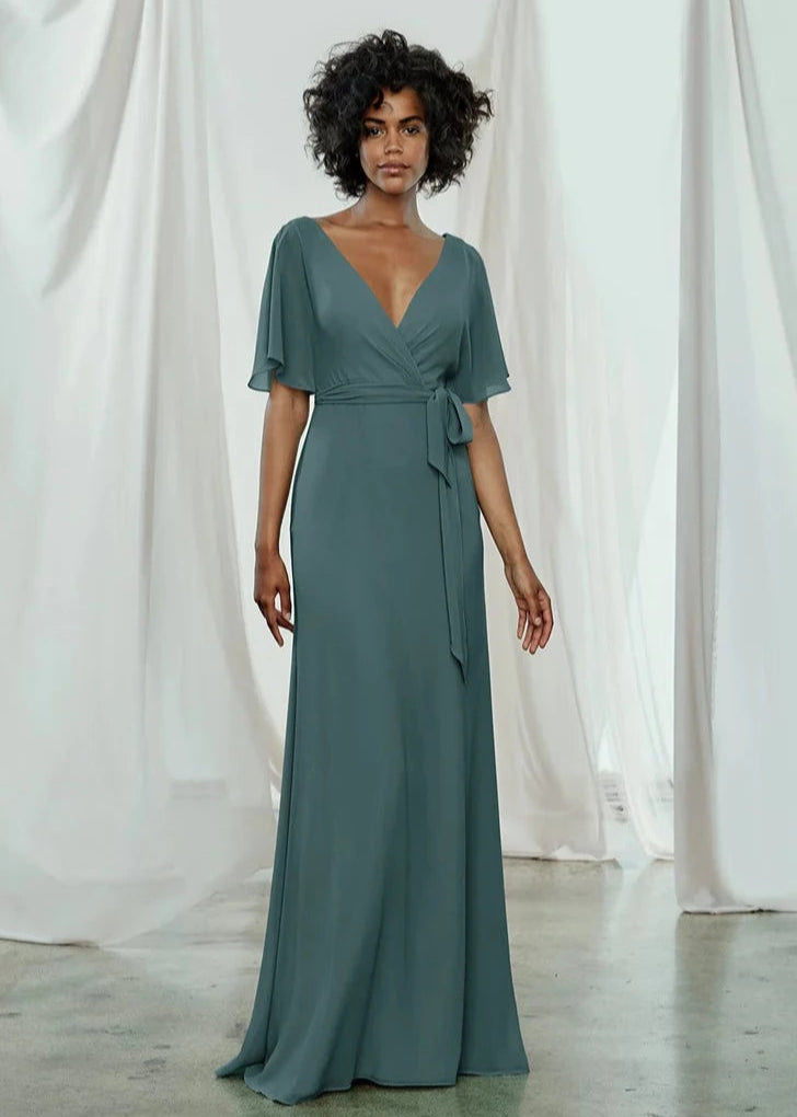 Full body front view of Amsale Ava in teal