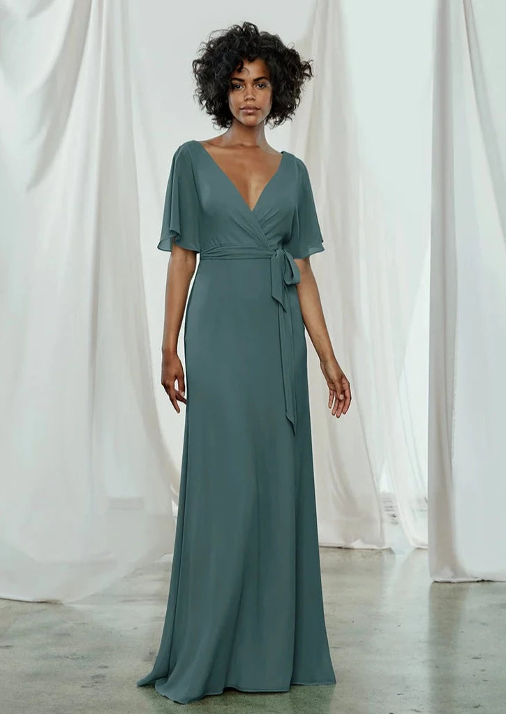 Full body front view of Amsale Ava in teal