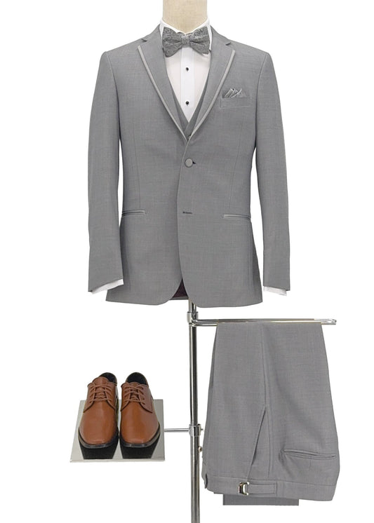 Light Grey Suit & ants with paisley bow tie and pocket square, and round tan shoes