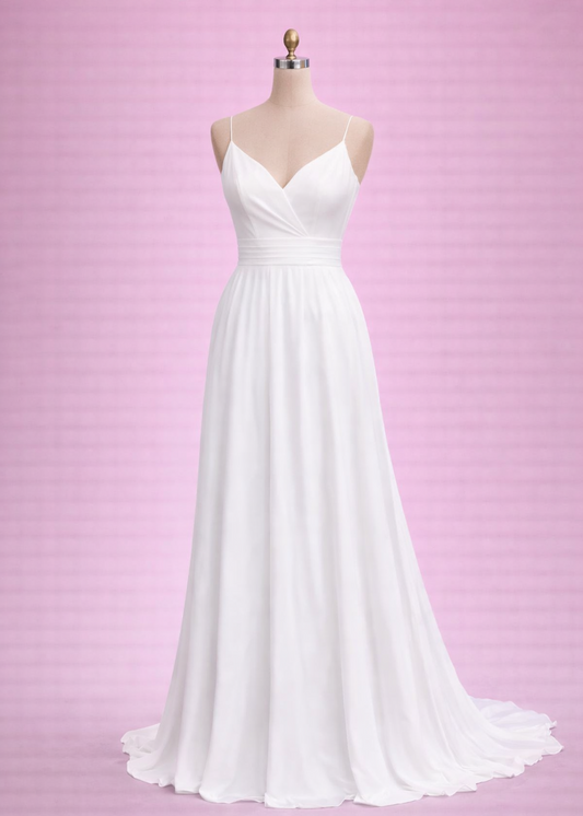 A stunning a-line wedding dress with v neck and chiffon skirt.