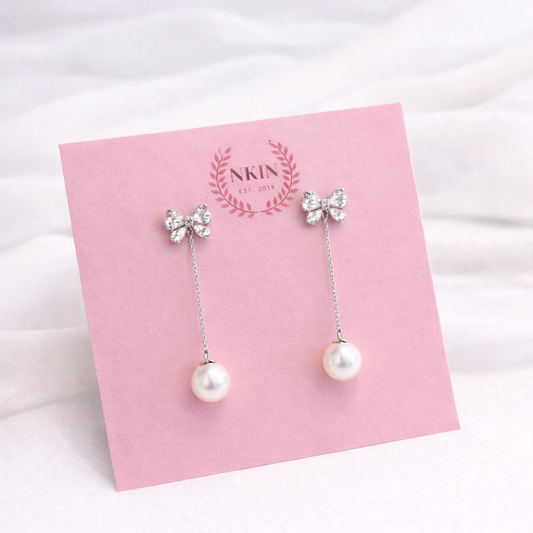 Bow & Pearl Long Dangle Earrings