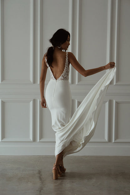 Full body back view of tommy crepe by made with love