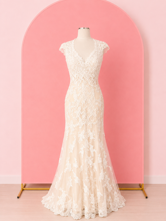 White lace dress on a mannequin against a pink archway, vintage style available at NKIN