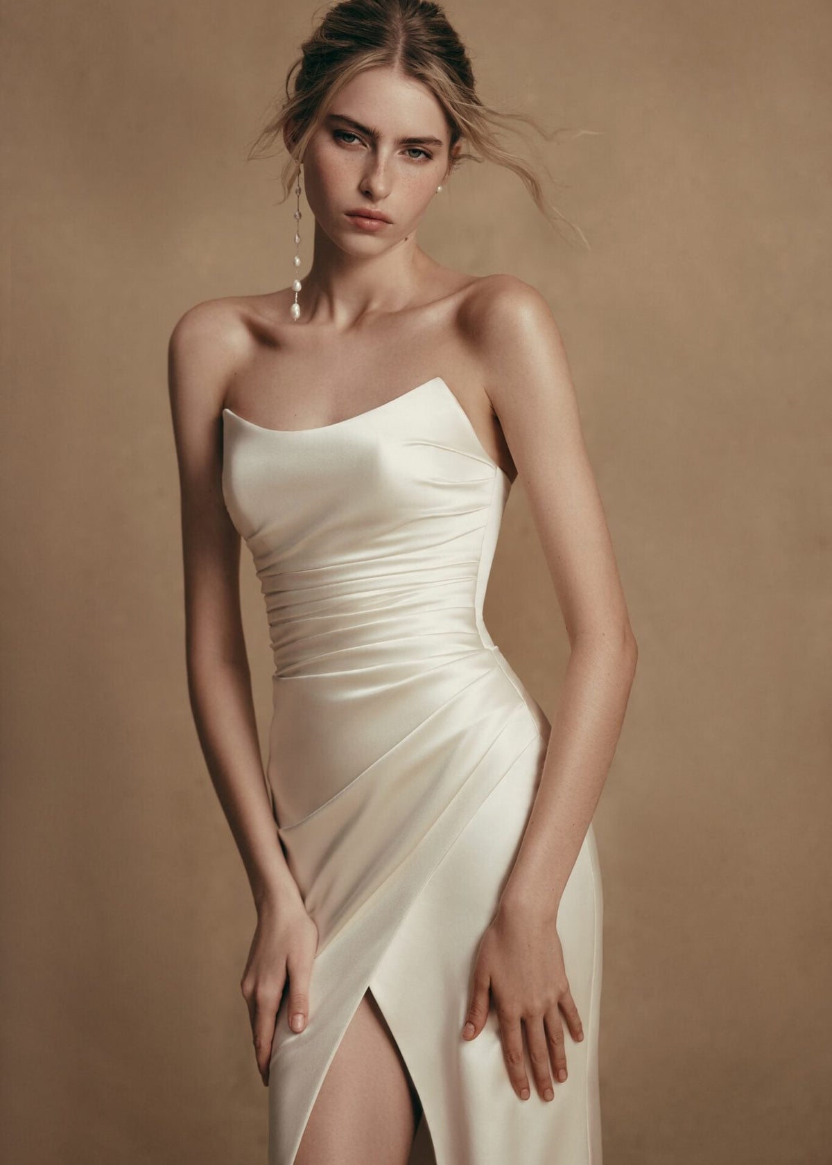 A woman modeling a strapless ivory satin gown with a ruched bodice, draped skirt, and high slit, posed against a warm beige studio backdrop.