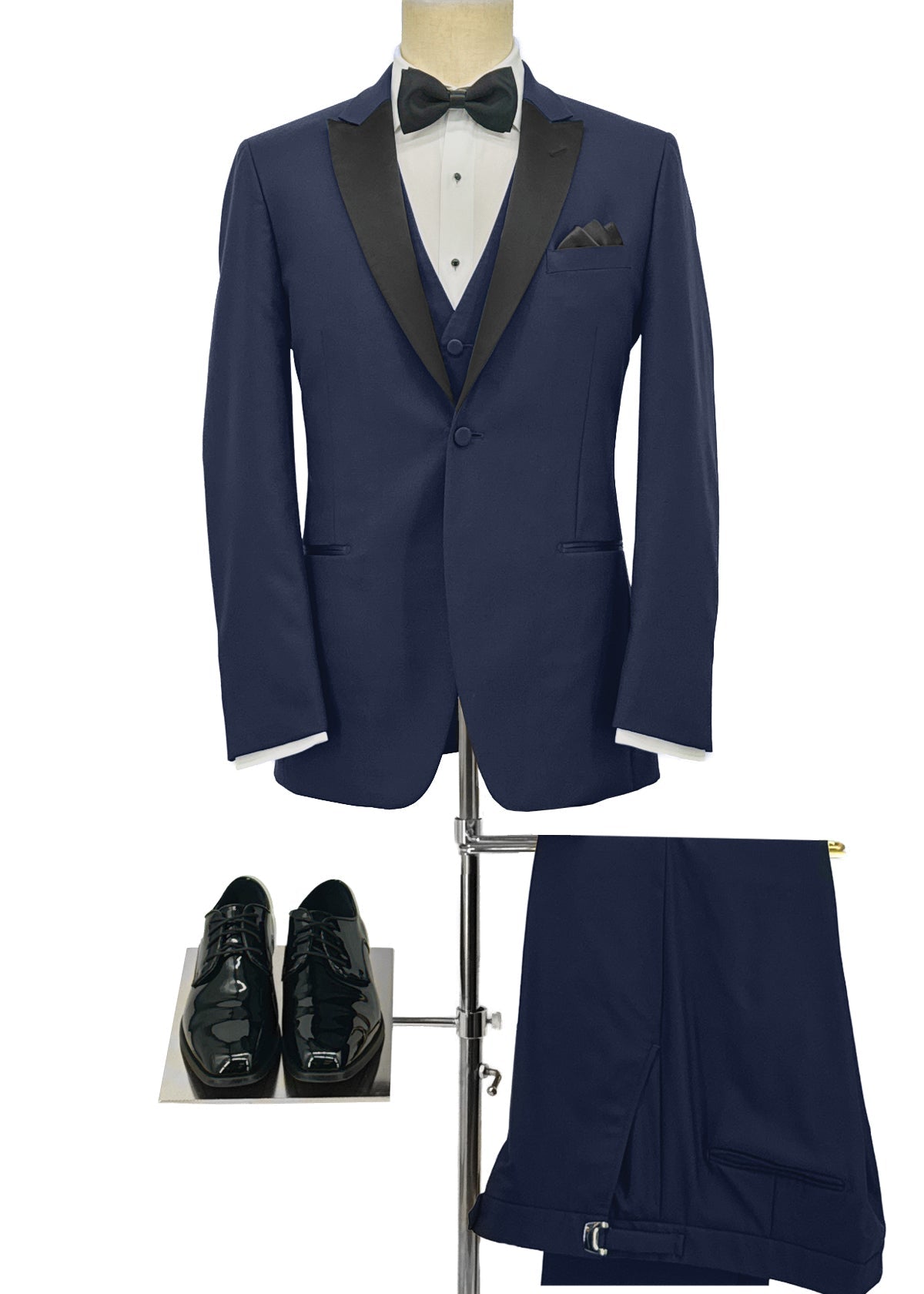 Navy pants and suit with black lapel, black bowtie and pocket square, with black patent shoes