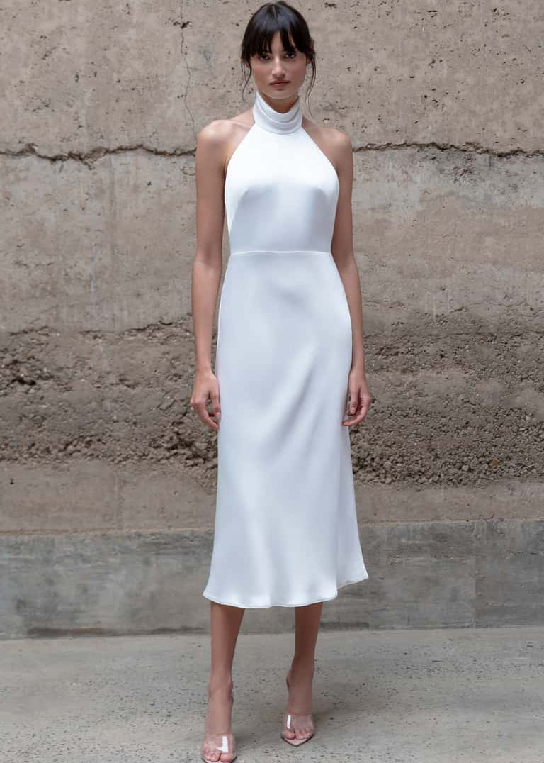 Woman wearing a white halter neck dress against a textured wall.