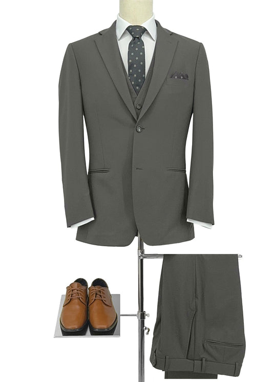 Olive green suit with brown shoes on a white background