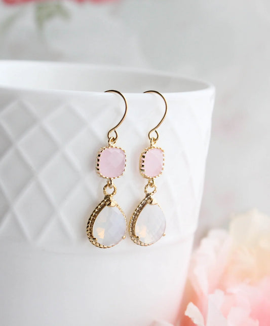 Opal and Pink Glass Dangle Earrings