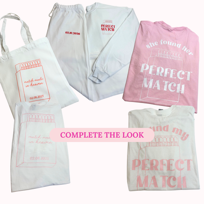 Collage of t-shirts and bags with 'Perfect Match' text on a white background