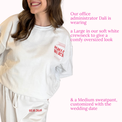 Person wearing a white oversized sweatshirt and sweatpants with text about office administrator Dali and wedding details.
