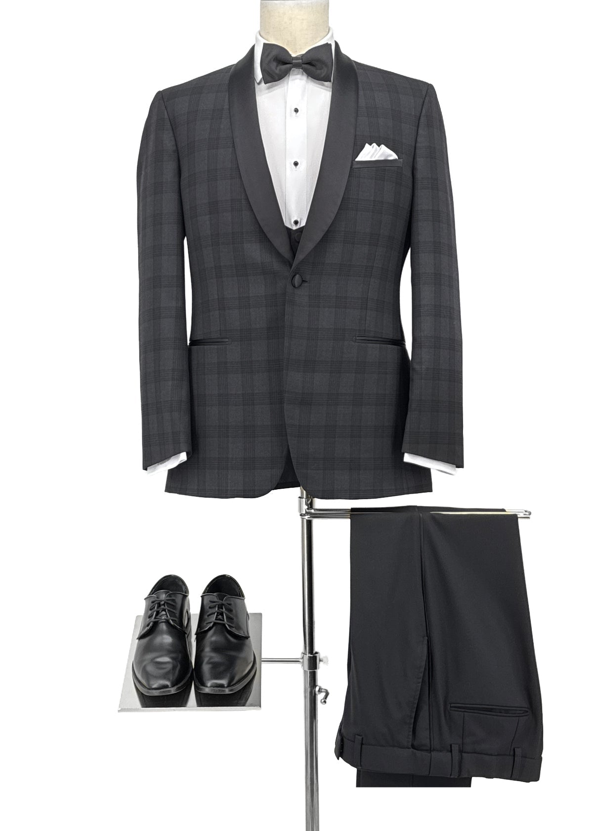 Plaid Charcoal Jacket, black pants & black matte shoes