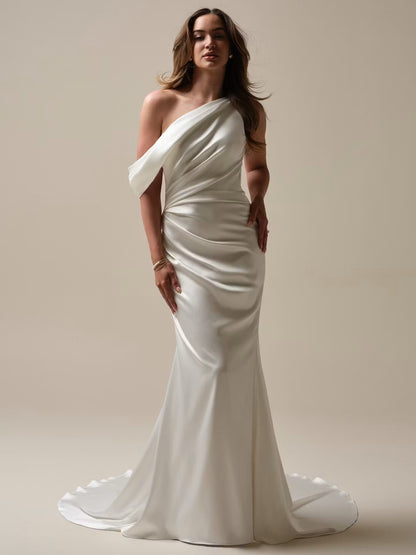 Single shoulder Ganavi stretch Satin strap with button closure and off-the-shoulder draped cap-sleeve wedding dress at NKIN in Ottawa
