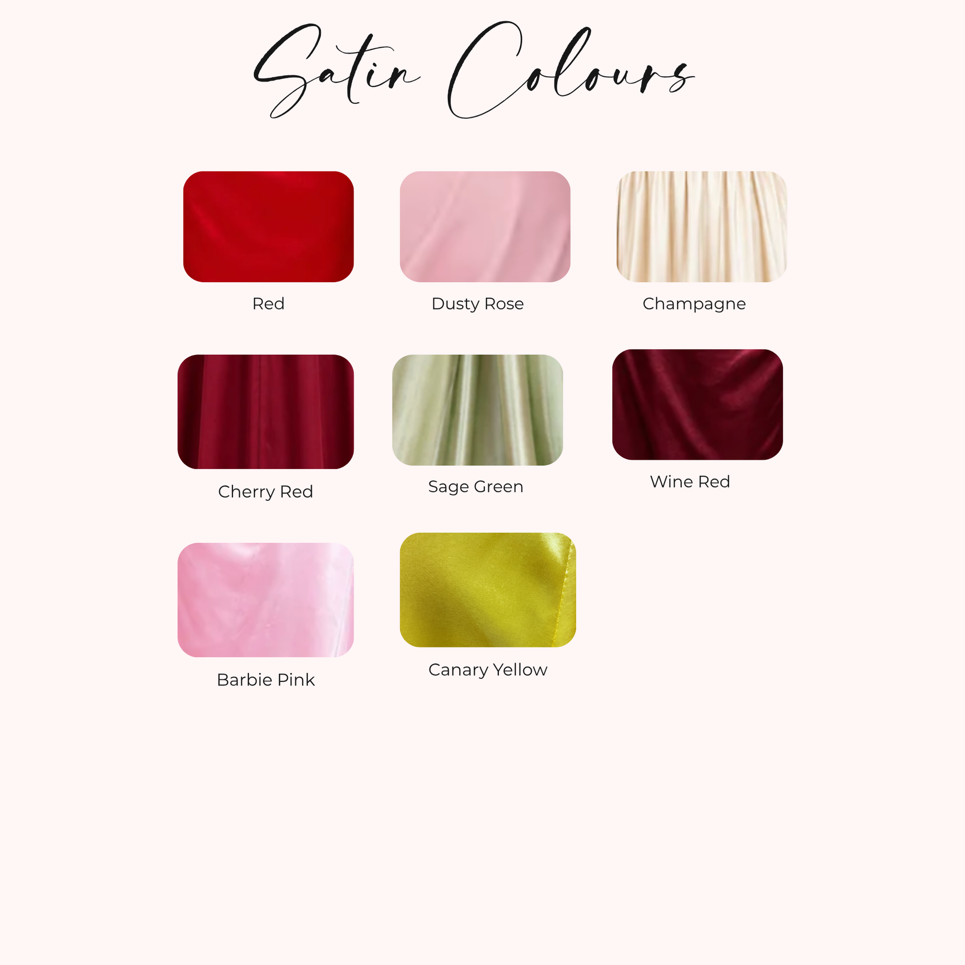Satin bridesmaid dress colours for dresses in Ottawa. Red, Dusty Rose, Champagne, Cherry Red, Sage Green, Wine Red, Barbie Pink, Canary Yellow