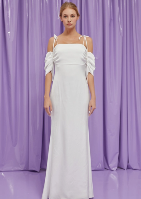 Full body front view of The Alice Satin Maxi Dress
