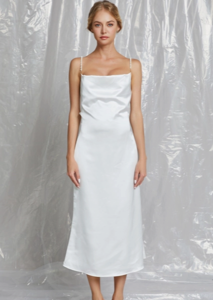 Full body front view of The Briar Pearl Satin Midi Dress