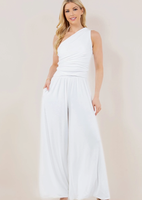 Full body front view of xThe Darla One Shoulder Jumpsuit