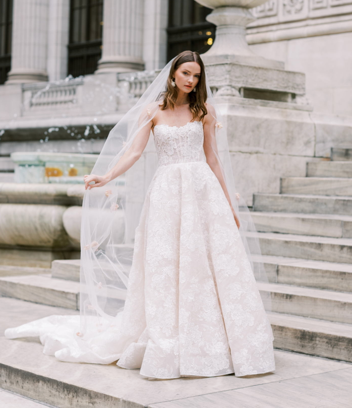 Woman wearing a veil and wedding dress - fully lace ball gow nwith a soft square neckline