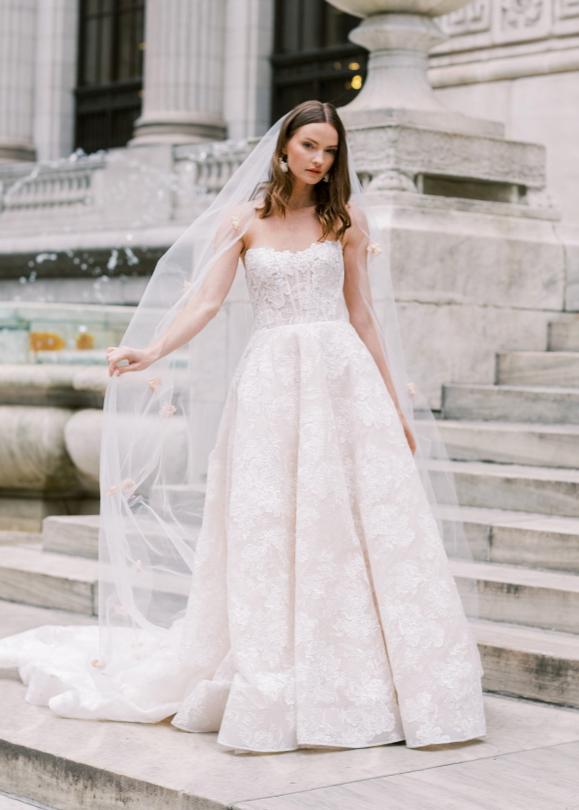 Woman wearing a veil and wedding dress - fully lace ball gow nwith a soft square neckline